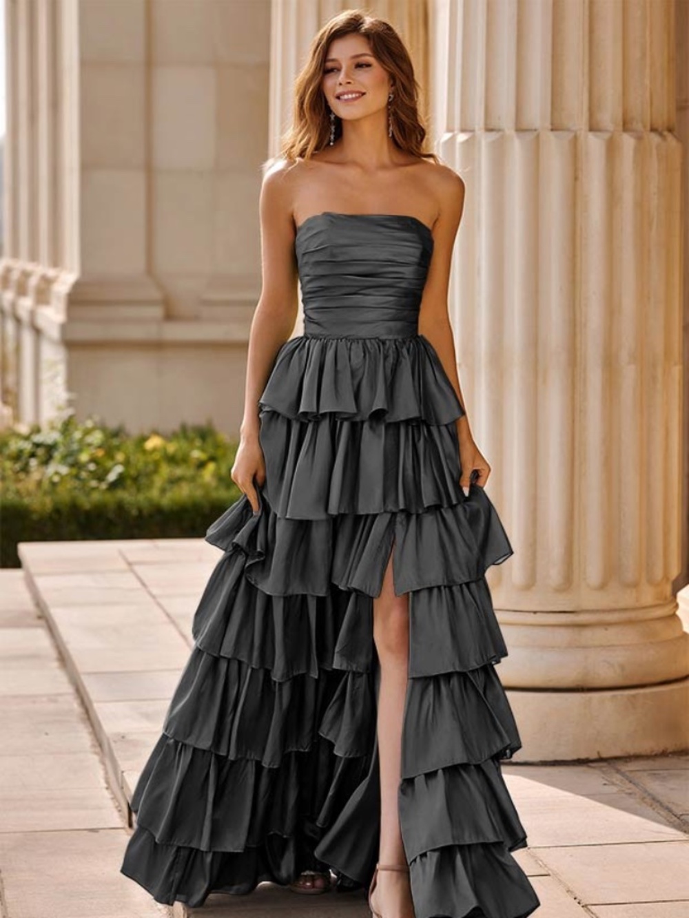 Stacees Black Ruffle A-Line Taffeta Prom Dress with Slit Size 8 NWT Formal Gown